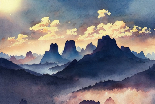 Papel pintado dibujo acuarela montañas atardecer