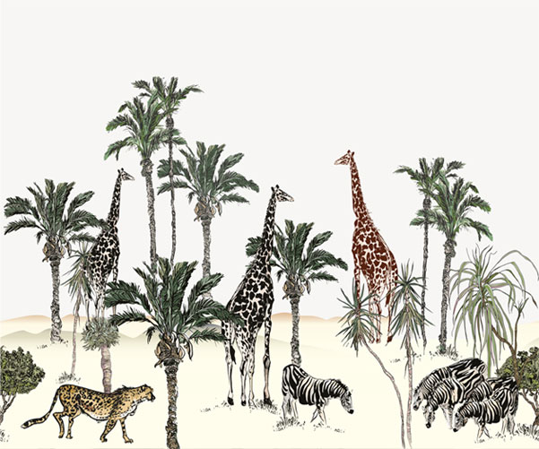 Papel pintado o fotomural paisaje con palmeras jirafas y zebras