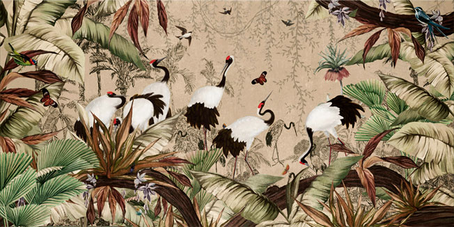 Papel pintado o fotomural dibujo paisaje aves y mariposas