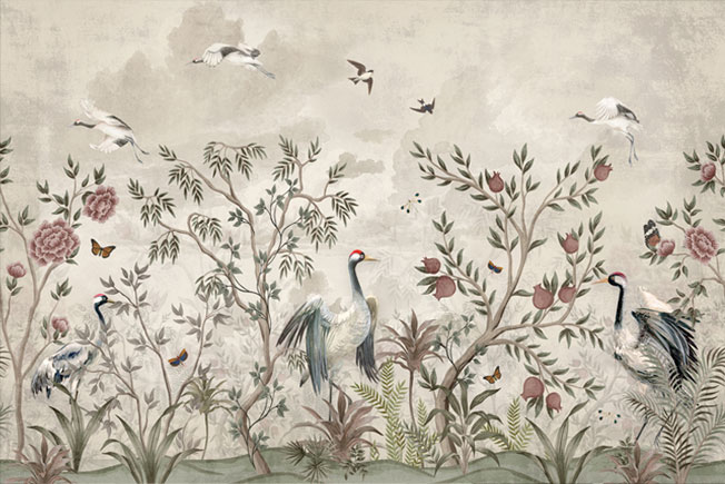 Papel pintado o fotomural dibujo paisaje plantas y aves