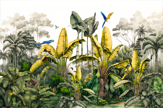 Papel pintado o fotomural dibujo paisaje tropical guacamayos