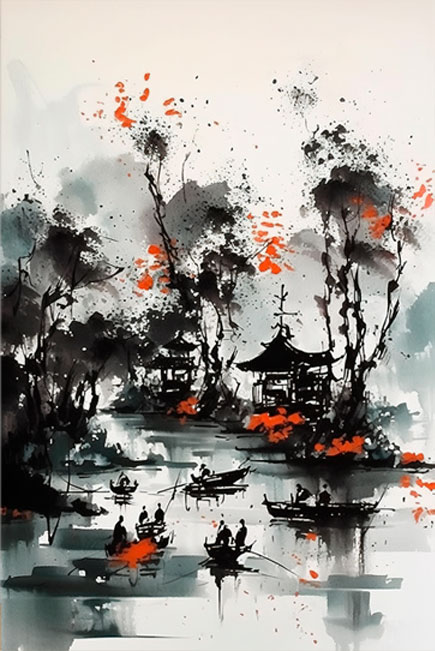Papel pintado o fotomural pintura paisaje japonés en tinta