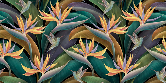 Papel pintado o fotomural planta ave del paraíso y colibrí