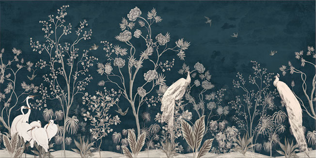 Papel pintado o fotomural dibujo  vintage de plantas y aves