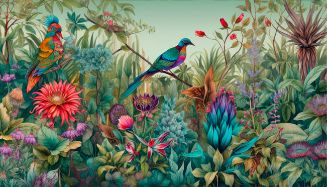 Papel pintado o fotomural flores y aves tropicales