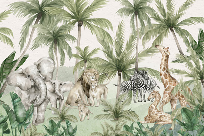 Papel pintado o fotomural dibujo selva animales leon cebra