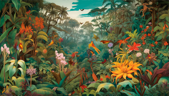 Papel pintado o fotomural selva tropical flores y aves