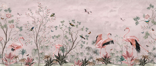 Papel pintado o fotomural vintage flores plantas y flamingos