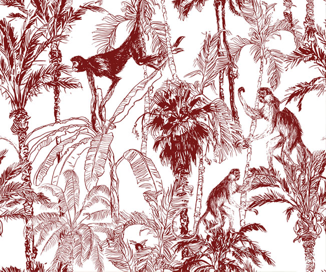 Papel pintado o fotomural dibujo palmeras y monos