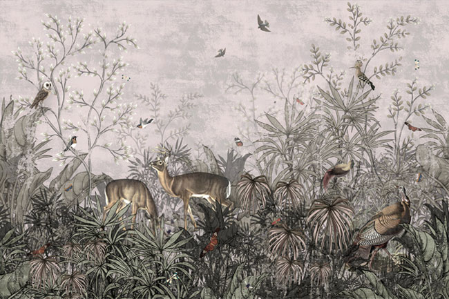 Papel pintado o fotomural dibujo vintage bosque y animales búho