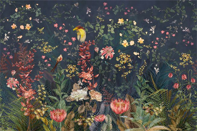 Papel pintado dibujo flores y aves vintage