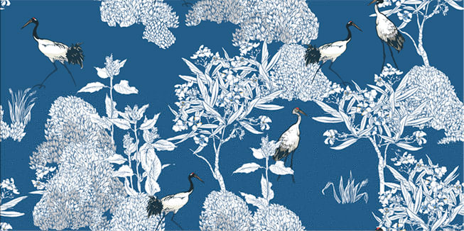 Papel pintado o fotomural vintage azul árboles y grullas