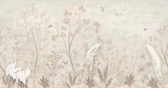 Papel pintado o fotomural dibujo vintage grullas plantas y golondrinas