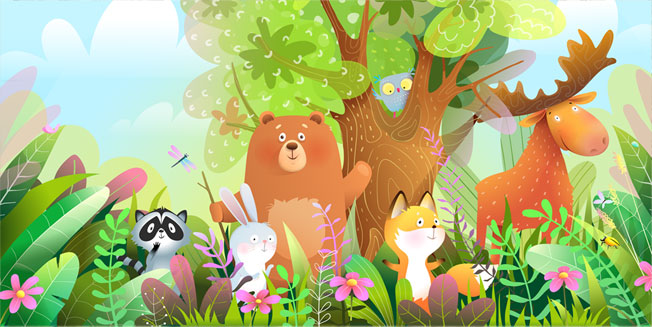 Papel pintado o fotomural dibujos animales bosque infantil