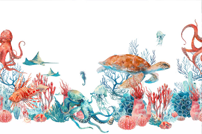Papel pintado o fotomural acuarela vida marina