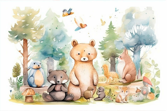 Papel pintado o fotomural acuarela animales bosque