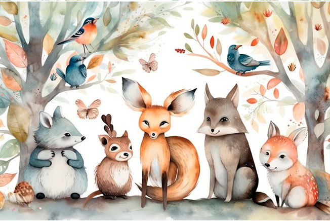 Papel pintado  ilustración infantil acuarela animales y aves