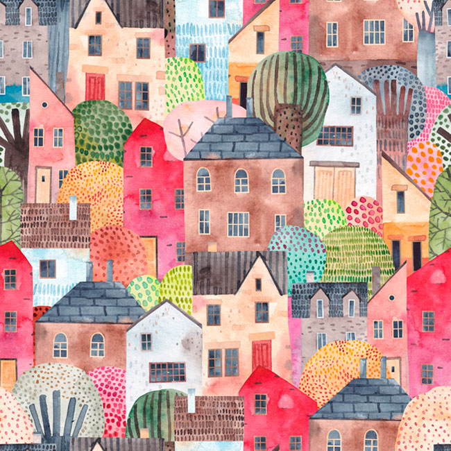 Papel pintado o fotomural ilustración acuarela infantil edificios
