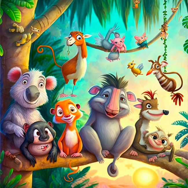 Fotomural ilustración infantil amigos animales en el bosque