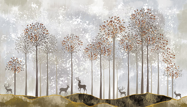 Papel pintado o fotomural ilustración bosque otoño ciervos