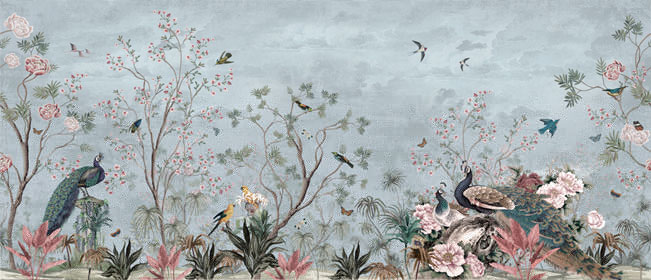 Papel pintado o fotomural vintage flores grullas y pavo real