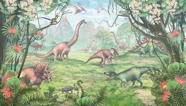 Fotomural ilustración dinosaurios en el bosque