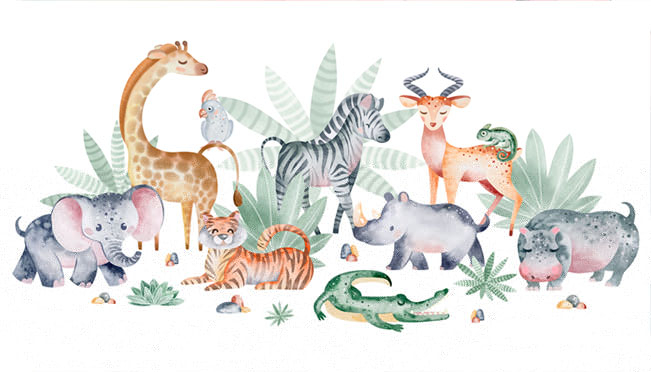 Papel pintado o fotomural ilustración infantil acuarela animales