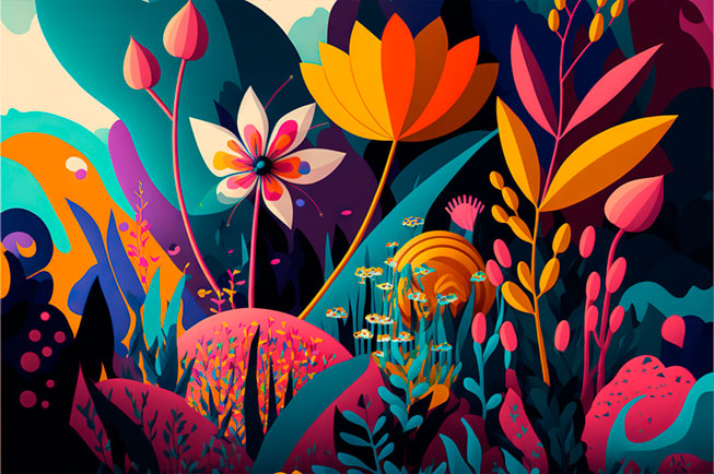 Papel pintado o fotomural dibujo flores y plantas coloridas