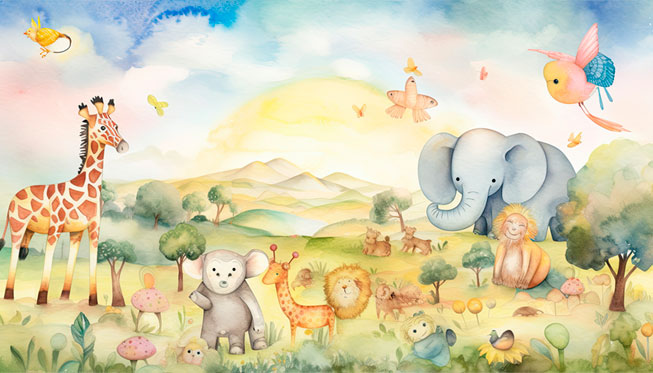 Papel pintado o fotomural ilustración animales infantil en acuarela