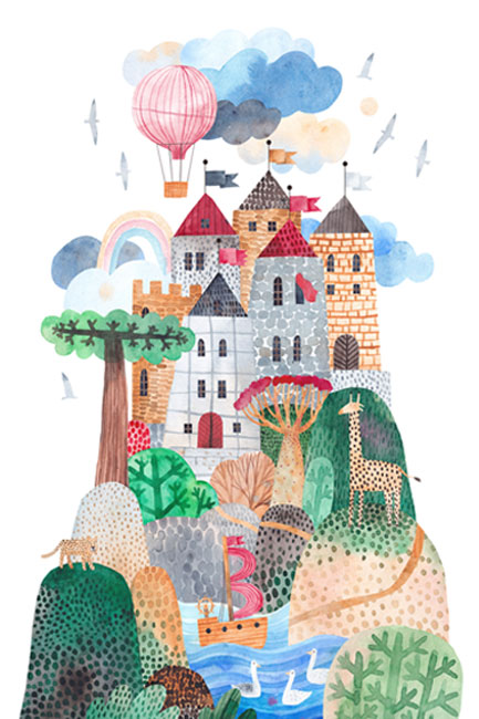 Papel pintado o fotomural ilustración castillo con globo acuarela