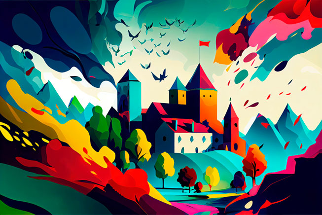 Papel pintado o fotomural ilustración moderna castillo y montañas