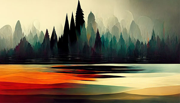 Papel pintado o fotomural ilustración vintage paisaje lago bosque