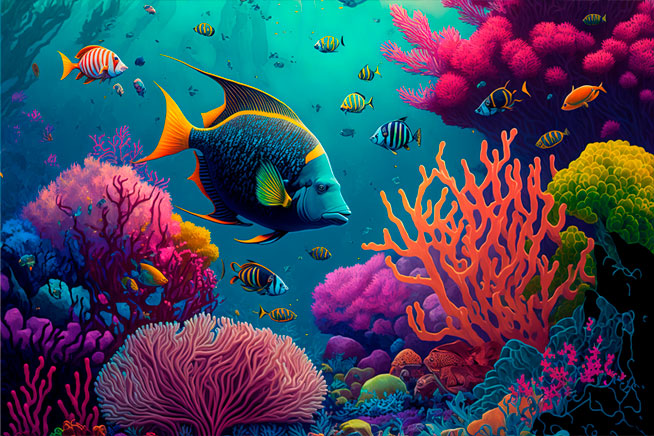 Papel pintado o fotomural ilustración peces y corales mar