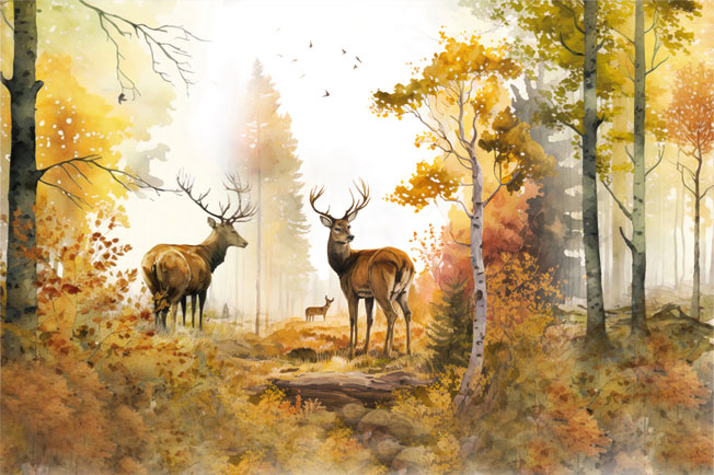 Papel pintado o fotomural paisaje bosque otoñal renos