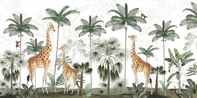 Papel pintado o fotomural paisaje palmeras jirafas