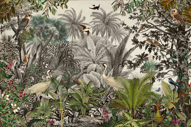 Papel pintado o fotomural paisaje plantas animales vintage