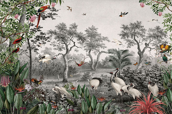 Papel pintado o fotomural paisaje plantas guacamayo y aves tropicales