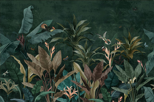Papel pintado o fotomural paisaje plantas mariposas y aves