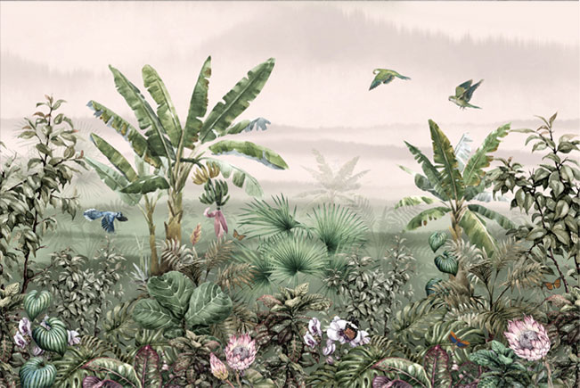 Papel pintado o fotomural paisaje selva flores y loros