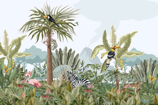 Papel pintado o fotomural paisaje con flamingo cebra y tucán
