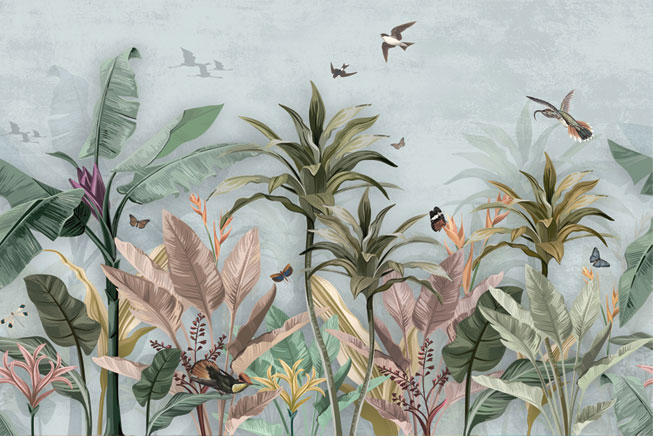 Papel pintado o fotomural paisaje tropical con aves