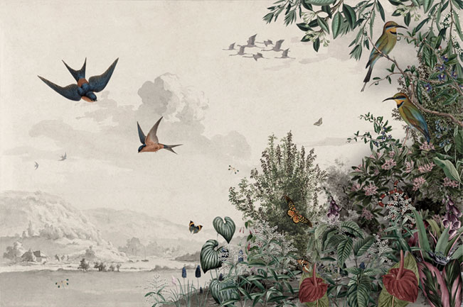 Papel pintado o fotomural paisaje tropical flores y aves