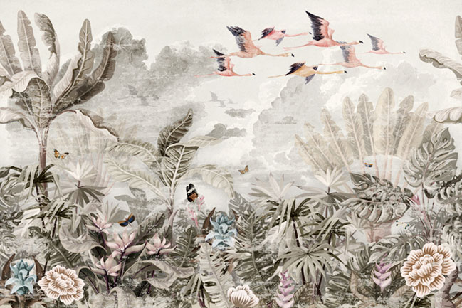 Papel pintado o fotomural paisaje vintage plantas y flamingos