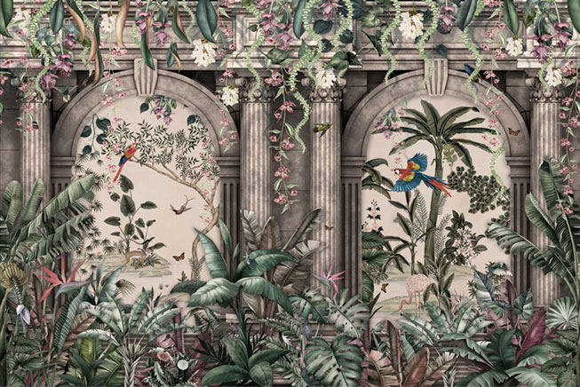 Papel pintado o fotomural ruinas con plantas y aves tropicales