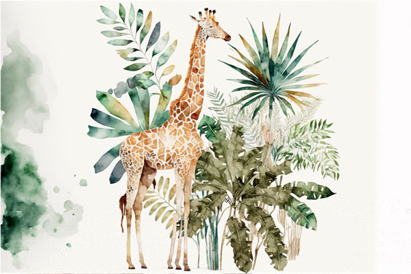 Papel pintado o fotomural pintura  jirafa y plantas en acuarela