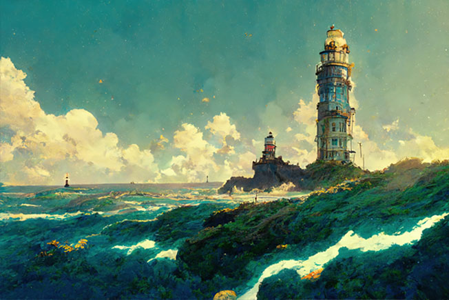 Papel pintado o fotomural pintura paisaje marino y faros