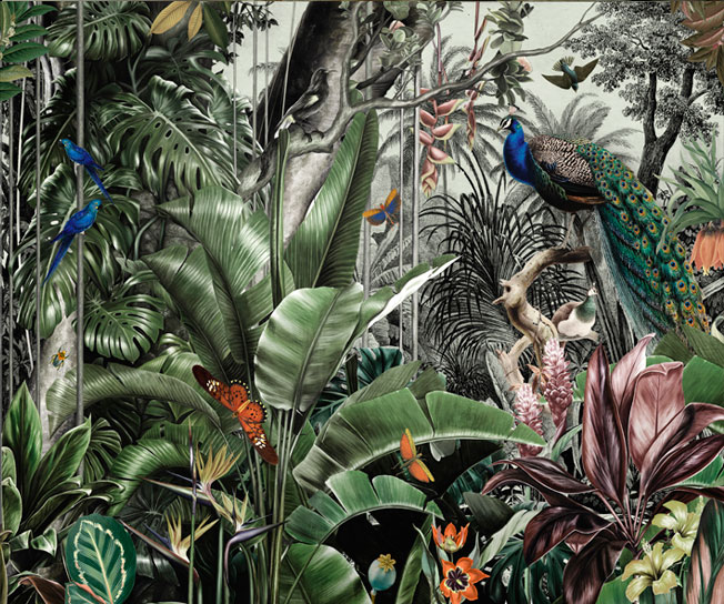 Papel pintado o fotomural selva tropical mariposa pavo real