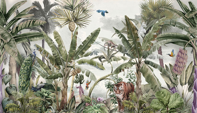Papel pintado o fotomural selva tropical tigre colibrí y aves