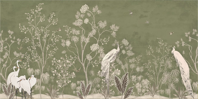 Papel pintado o fotomural vintage de plantas y aves