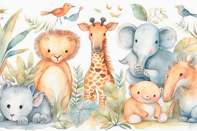 Fotomural o papel pintado infantil animales acuarela